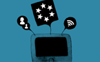 Una televisión con iconos de diversas culturas y una bandera europea